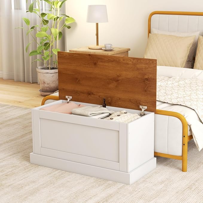 LOKO 35.5” Storage Chest, Lift Top Storage Box with Metal Hinges, Wooden Storage Bench with Safety Hydraulic Strut, Large Farmhouse Storage Trunk for Living Room, Bedroom, Entryway (White & Walnut)