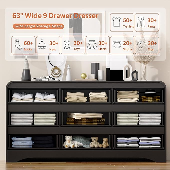 Dresser for Bedroom with 9 Drawers, 63" Large Modern Dressers & Chest of Drawers with Curved Profile Design, Wood Closet Clothes Storage Long Dressers Organizer for Bedroom Living Room Hallway, Black