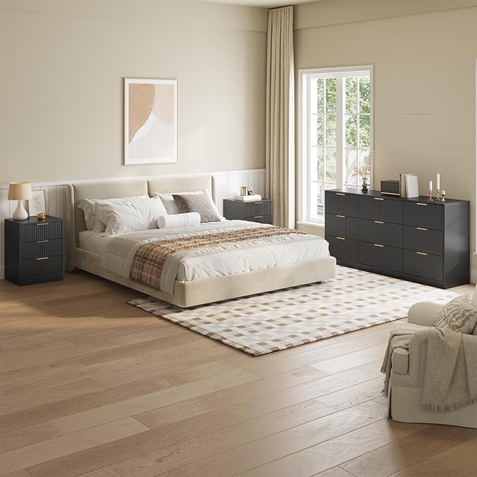 9 Drawer Black Dresser & Nightstand Set 3-Piece - 63” Long Fluted Dresser Set Night Stand Set of 2 with Metal Handle, Modern Wood Chest of Drawers Storage Dressers Set for Bedroom, Black