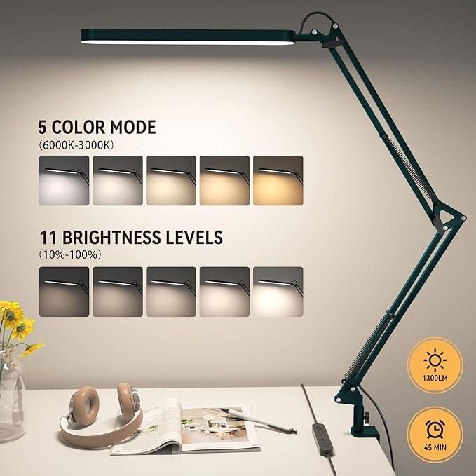 SKYLEO Desk Lamp - LED Desk Light - 5 Color Modes X 11 Brightness Levels - Adjustable Swing Arm - Timmer & Memory Function - 12W Lamp for Desk - Green