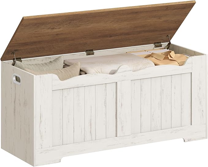 Hzuaneri 39.4" Storage Chest, Storage Bench Trunk with 2 Hinge, Wooden Box, Lift-Top Chest Organizer, Shoe Bench for Entryway, Bedroom, Living Room, White and Brown SB01014B