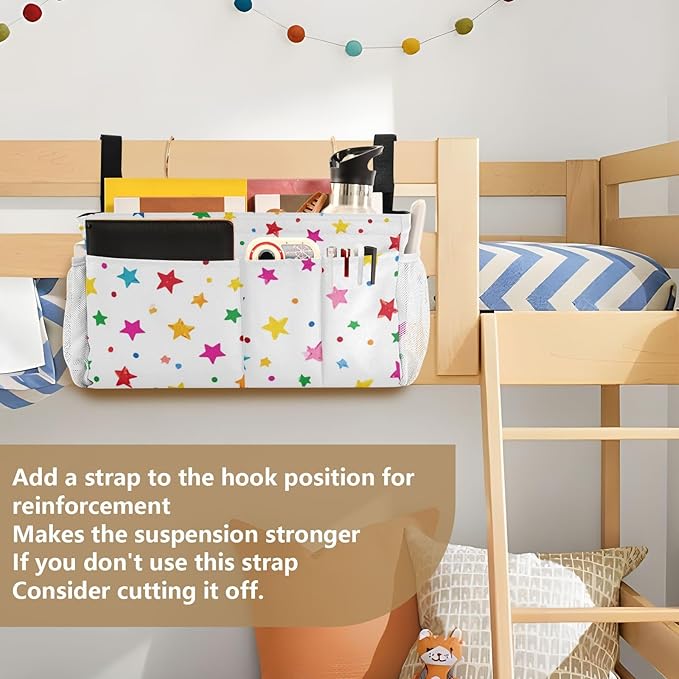 Bedside Caddy Hanging Bunk Bed Caddy Bed Organizer Hanging Pocket with 2 Hooks Bedside Storage Organizer Pocket Bag Holder Small Colorful Stars and Dots