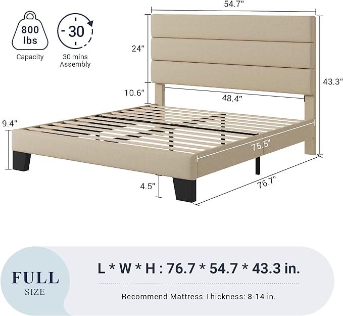 Allewie Full Size Platform Bed Frame with Fabric Upholstered Headboard and Wooden Slats Support, Fully Upholstered Mattress Foundation/No Box Spring Needed/Easy Assembly, Beige