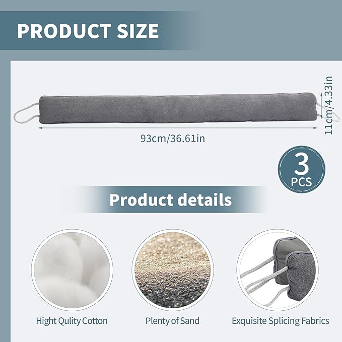 Qunclay 3 Pcs Weighted Under Door Draft Stopper 36 x 4 Inches Door Sound Blocker Sound Proof Draft Guard for Bottom of Wind Noise Air Reducer(Gray)