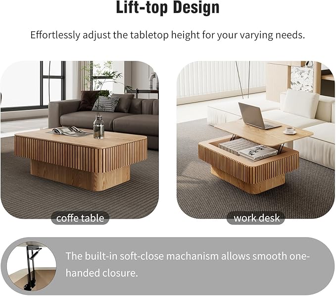 LKTART Lift Top Coffee Table for Living Room, Accent Fluted Coffee Table with Storage, Modern Solid Wood Veneered Rectangle Center Tea Table for Small Space Apartment (38.6''D×14''H-Natural)