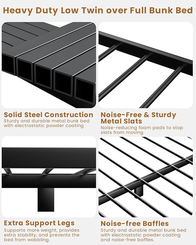 Twin Over Full Bunk Bed for Adults & Kids, Heavy Duty Bunk Beds with EVA Padded Ladder and Full-Length Guardrails, Noise-Free Metal Bed Frame, Space-Saving Design, Black