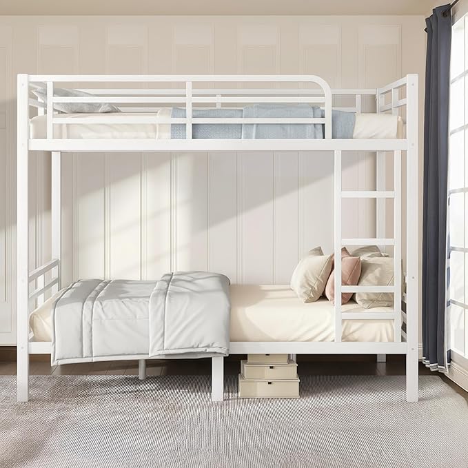 Full Over Full Bunk Bed Frame, Heavy Duty Metal Loft Bed for Adults/Teens, 350/500LB Capacity w/Ladder & Guardrail, Noise-Free Steel Slats, No Box Spring Required, White