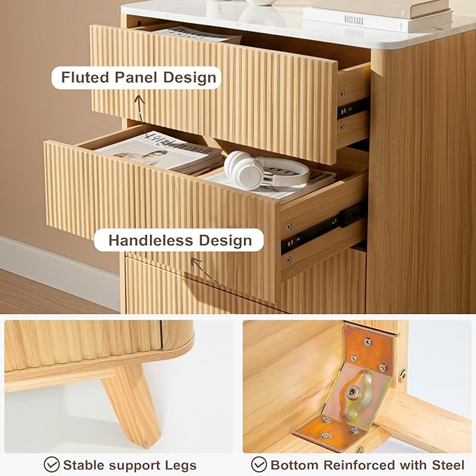 Fluted 5 Drawers Dresser for Bedroom, 47" Tall Handleless Chest of Drawers with Faux Marble Top, Curved Profile Design, Wood Drawer Organizerfor forLiving Room, Hallway, Entryway, Natural Oak