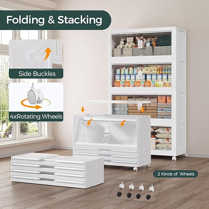 180Gal Stackable Storage Bins with Lid, 720Qt Extra Large Collapsible Storage Box with Doors and Wheels, Plastic Closet Organizer and Storage Cabinet Drawer for Home Kitchen, 6Pack White