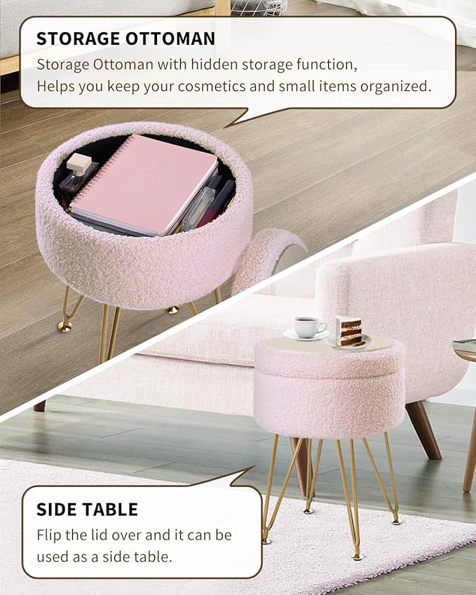 ABHENG Storage Ottoman Round Footrest Stool, Vanity Stool Chair Faux Teddy Fur with Storage, Pouf Couch Stool, Dressing Table Seat, Modern Multifunctional Chairs, 12.6"x12.6"x17.4" Jelly Pink UASND51P
