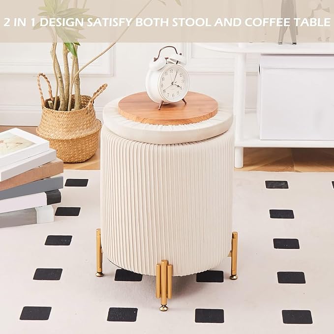 Mxfurhawa Round Ottoman Foot Stool with Storage and Metal Legs for Living Room Bedroom, Velvet Upholstered Footrest Stool Support 300lbs Modern Padded Seat Ottoman Coffee Table (Beige)
