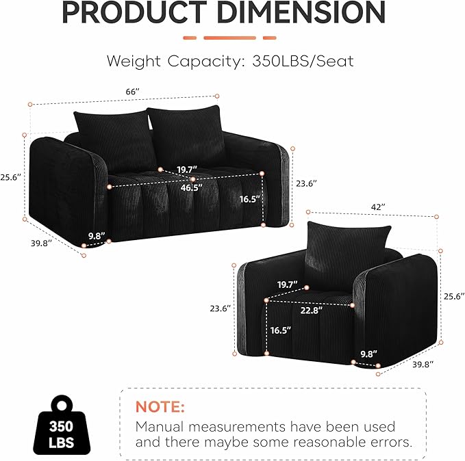Boneless Living Room Sets, Modern Upholstered Loveseat with 2 Signle Sofa Chairs, Comfy Deep Seat Cloud Sofa Couch Sets for Living Room, Corduroy Black