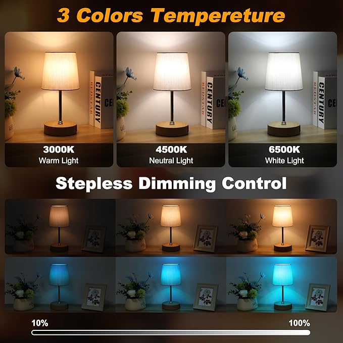 Ascher Small Bedside Table lamp Set of 2, RGB Color Changing Lamps, 3 Color Temperatures, Stepless Dimmable, Nightstand Lamp with USB C+A Ports for Bedroom Living Room, (Grey Shade, Wood Grain Base)