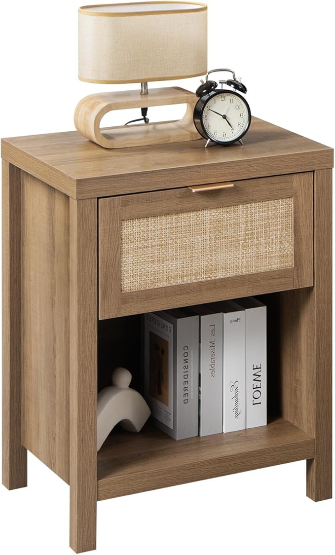 SICOTAS Rattan Nightstand - Farmhouse Night Stand with Drawer and Storage Shelf - Boho Bedside Table - End Side Table for Bedroom,Oak