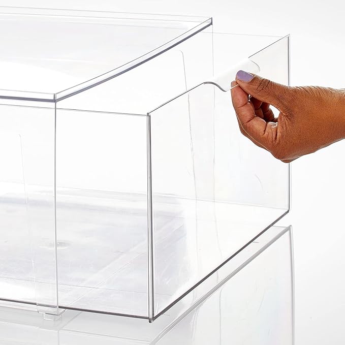 mDesign Plastic Stackable Closet Storage Organizer Bin Containers with Front Pull Drawer for Cabinet, Desk, Shelf, Cupboard, or Dresser Organization - Lumiere Collection - 4 Pack - Clear
