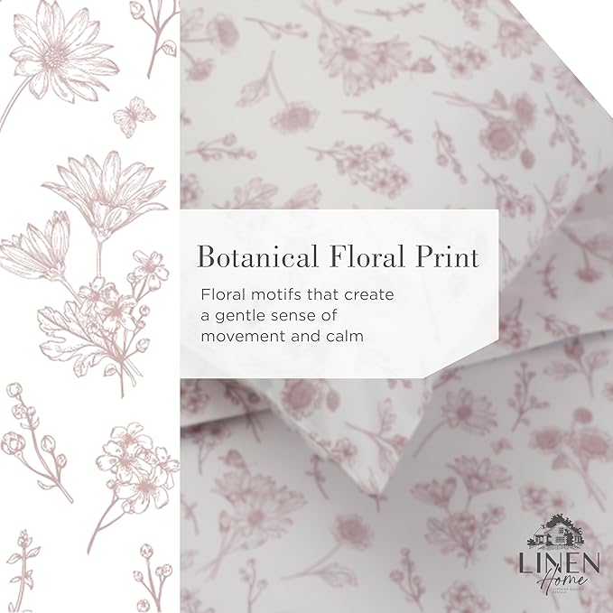 Linen Home 100% Cotton Printed Percale Sheets King Size, Deep Pocket, 4 Pieces Set - 1 Flat, 1 Deep Pocket Fitted Sheet and 2 Pillowcases, Crisp Cool and Strong Bed Linen, Mauve Botanical Floral