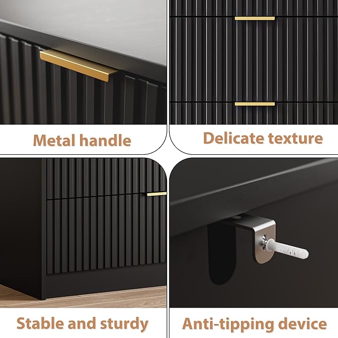 3-Piece Dresser Bedroom Set, 8 Drawer Dresser & 2 Drawer Nightstands with Gold Handles, Fluted Wood Chest of Drawers for Bedroom, Living Room, Entryway, Black