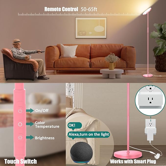 Pink Floor Lamp, 40W Super Bright Floor Lamps for Living Room Bedroom with Remote & Timer, Torchiere LED Floor Lamp 2700K-6500K Stepless Dimmable, Tall Standing Light Works with Smart Plug