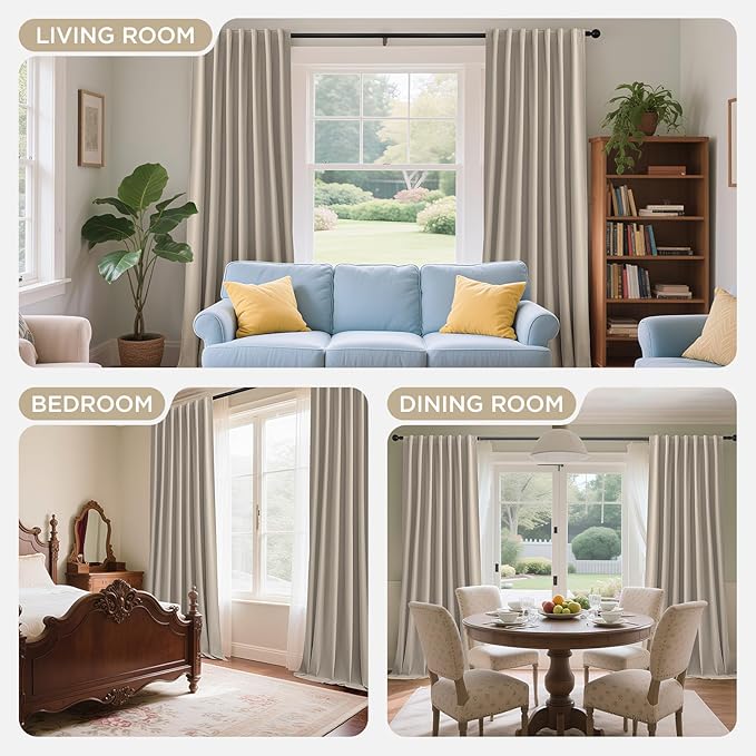 Joydeco Beige 100% Blackout Curtains 102 Inch 2 Panels, Luxury Thermal Beige Velvet Curtains for Bedroom Living Room, Soundproof Blackout Window Drapes, Rod Pocket & Back Tab (52W x 102L)