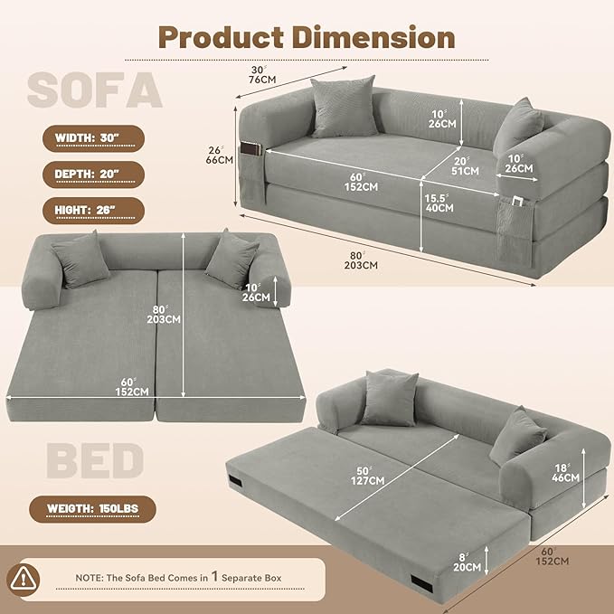 80" Convertible Sofa Bed,Corduroy Folding Sleeper Sofa Bed Queen with Pillows & Storage,Modular Pull Out Couches Boneless Couch for Living Room,Compressed Couch in a Box,Light Gray