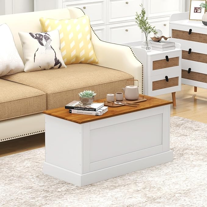 LOKO 35.5” Storage Chest, Lift Top Storage Box with Metal Hinges, Wooden Storage Bench with Safety Hydraulic Strut, Large Farmhouse Storage Trunk for Living Room, Bedroom, Entryway (White & Walnut)