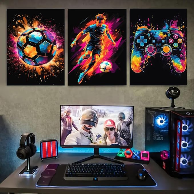BGFCE Gaming Canvas Wall Art Decor, Paintings Art Game Controller Color Splash Ink Prints Painting, Posters for Room Aesthetic, Soccer Canvas Wall Art for Boys Room Decor 12x16 - Set of 3 Framed