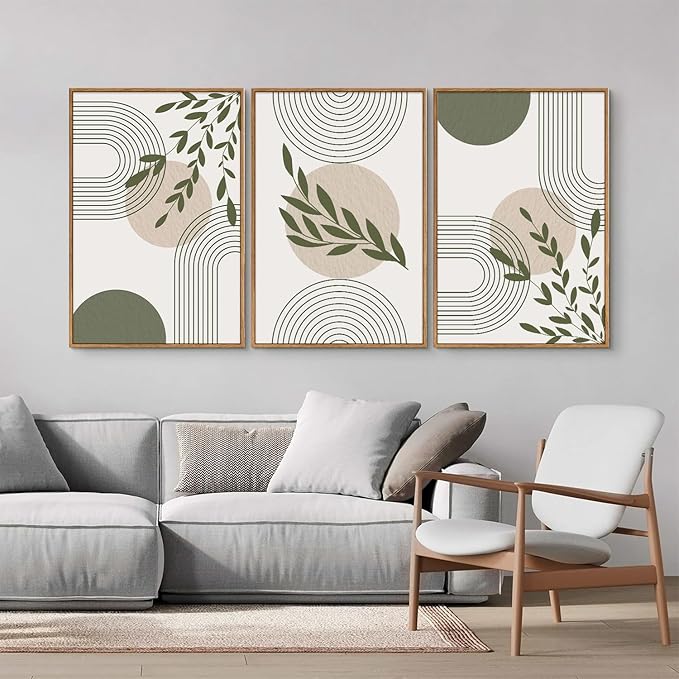 Yeehomedec Boho Sage Green Framed Canvas Wall Art, Mid Century Modern Wall Decor, Large Minimalist Botanical Art Print, Abstract Geometric Line Leaf Art Painting for Bathroom Living Room Bedroom Office 16"x24"x3