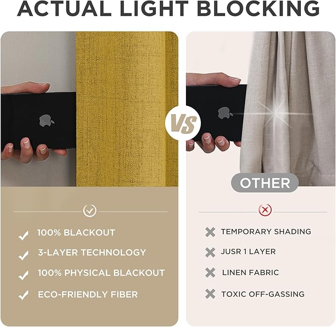 Joydeco Blackout Curtains for Bedroom - 84 Inch Long 100% Light Blocking 2 Panels Set Yellow Drapes, Thermal Insulated Room Darkening Curtains, Linen Textured for Living Room, Rod Pocket & Back Tabs