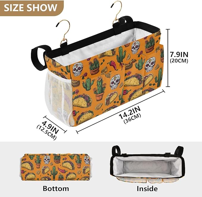 Bedside Caddy Hanging Bunk Bed Caddy Bed Organizer Hanging Pocket with 2 Hooks Bedside Storage Organizer Pocket Bag Holder Orange Mexico Tacos Chilis Skulls