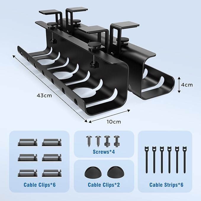 Under Desk Cable Management Tray No-Drill 2 Pack 16.9‘’ Wire Cord Organizers, Cable Management Under Desk for Home and Office No Damage Black