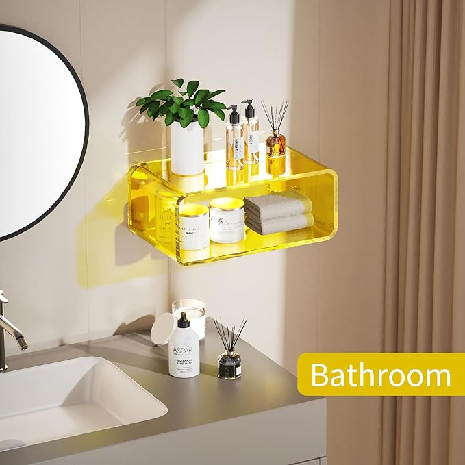 Acrylic Floating Nightstand, Bedside Table, Nightstand Shelf Wall Mounted Bedside Shelf (Yellow, Small)