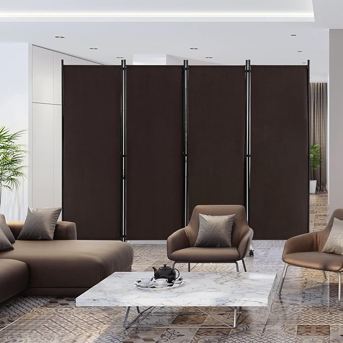 GOFLAME 4 Panel Folding Room Divider, 6FT Rolling Privacy Screen with Lockable Wheels, Portable Room Partition Screen, Freestanding Wall Divider and Separator for Home Office, Brown