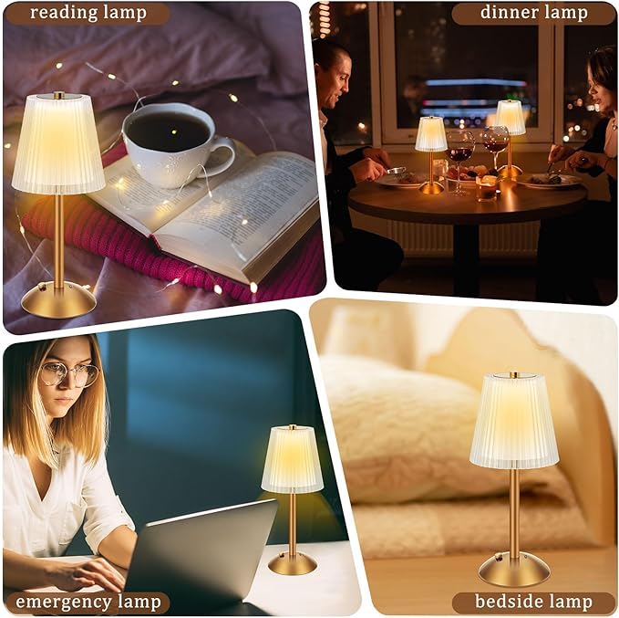 Liliful 2 Pcs Cordless Table Lamp Rechargeable Touch LED Small Gold Portable Battery Operated USB-c Desk Lamp 3 Color Dimmable for Bedroom Living Room Dining (Gold,Hollow Lined Style)