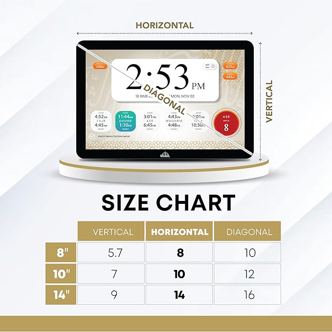 Masjidal 8" Digital Azan Clock with WiFi, Dynamic Touch Screen, Worldwide Prayer Times, Full Quran Player, Islamic Art, Streaming Halal Muslim Content: Duas, Dhikr, Hadith, Verse of The Day, Black