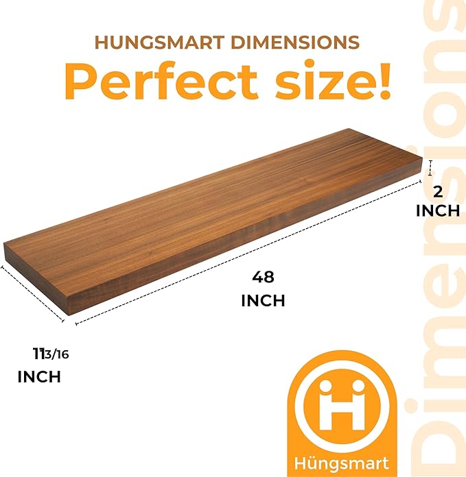 HÜNGSMART 48 Inch Wooden Floating Shelf – Supports 300lbs – Carpenter Designed - Engineered Wood with 4 x Walnut Finish – Includes Laser Welded Precision Wall Bracket (48 inches x 11 13/16 inches)