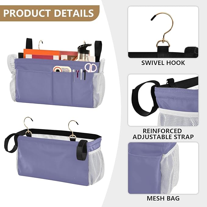 Purple Bedside Caddy Storage Bag Bedside Organizer for College Dorm Top Bunk Bed Hanging Storage Organizer 6 Pockets with Hooks for Book Glasses Phone Holder