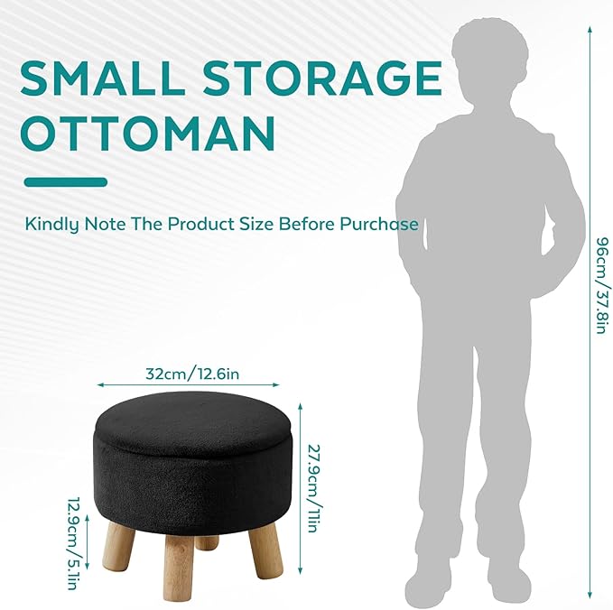 FIMIVIBI Small Foot Stool Ottoman with Storage, Soft Faux Fur Ottoman Foot Rest for Couch, Round Footstool with Storage, Small Ottomans and Footstools for Living Room and Entryway (Black)