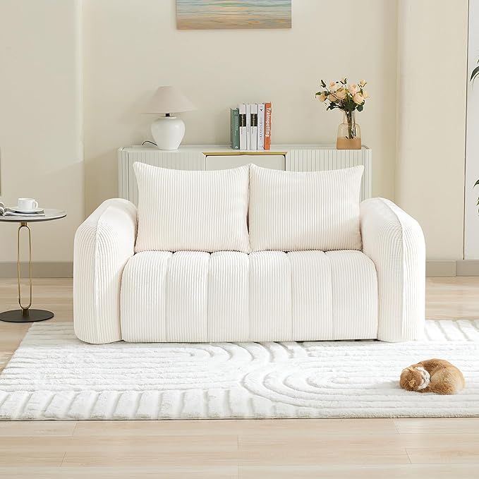 66'' Boneless Loveseat Sofa, 2 Seater Deep Seat Couch with Rounded Armrest, Upholstered Cloud Couch for Living Room, Bedroom, No Assembly, Corduroy White