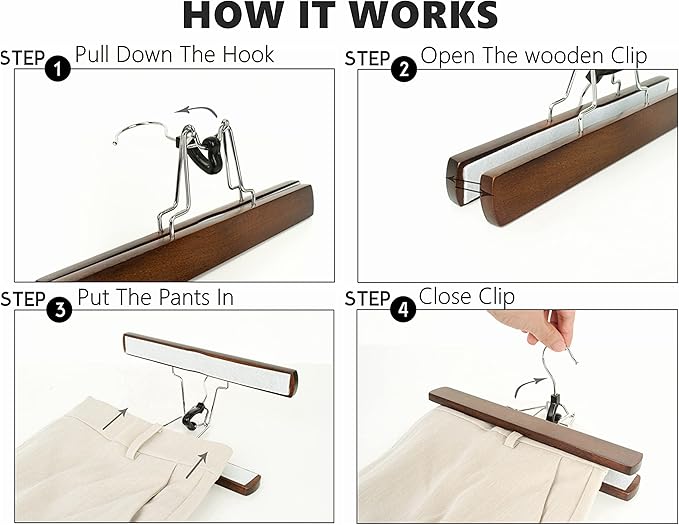 Amber Home Wooden Pants Clip Hangers 10 Pack, Skirt Hangers with Non Slip Padded Velvet, Smooth Finish Solid Wood Jeans/Slack Hanger，Clamp Hangers in Antique Color