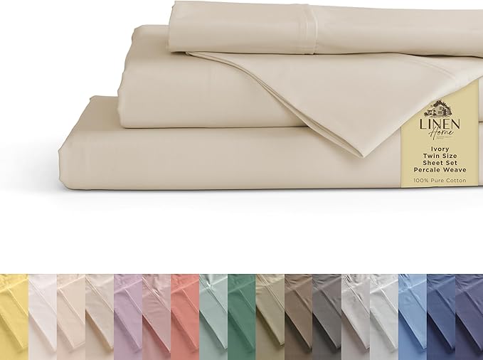 Linen Home 100% Cotton Percale Sheets Twin Size, Ivory, Deep Pocket, 3 Pieces Set - 1 Flat, 1 Deep Pocket Fitted Sheet and 1 Pillowcase, Crisp Cool and Strong Bed Linen