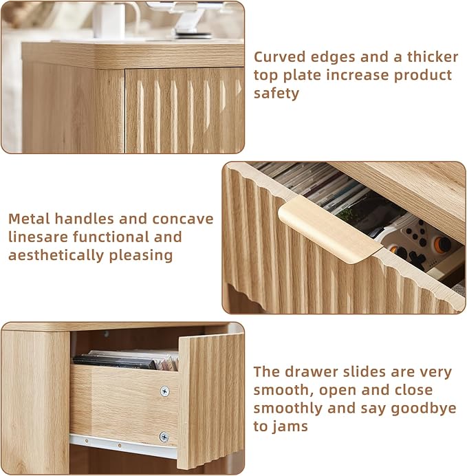 LEYAOYAO 48" Wide Fluted Dresser and 1 Drawers 23" Nightstand Set of 2, Wooden Dresser & Night Stand with Charging Station, 3 Piece Bedroom Furniture Set, Chest of Drawer for Living Room,Natural Wood