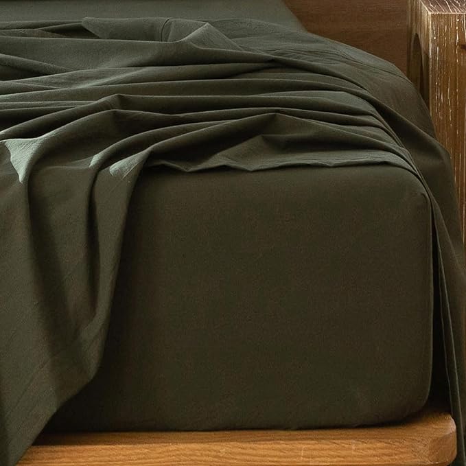 MooMee Fitted Bottom Sheet Only 100% Washed Cotton Linen Like Textured Breathable Durable Soft Comfy Deep Pocket Fits Mattress up to 17" (Olive Green, Queen)