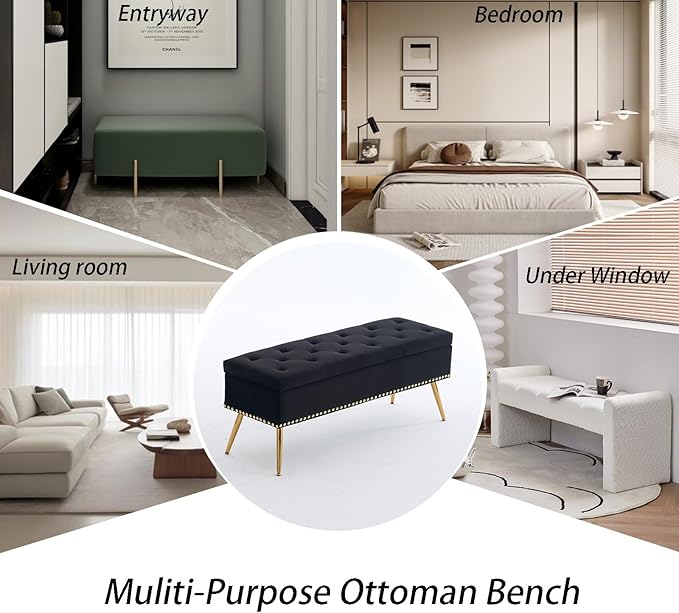 Velvet Storage Bench with Gold Legs& Nailhead Trim, 46" Wide Upholstered Modern Bedroom Bench for End of Bed, Tufted Ottoman for Entryway Living Room Dining Room (Black, 46" Wide)