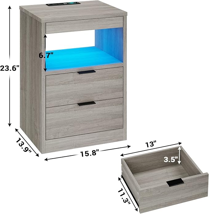 Tiptiper LED Nightstand with Wireless Charging Station, Farmhouse Nightstand with LED Light, Rustic End Table Side Table with Drawers, Pull-Out Tray and Open Storage, Grey Wood Grain