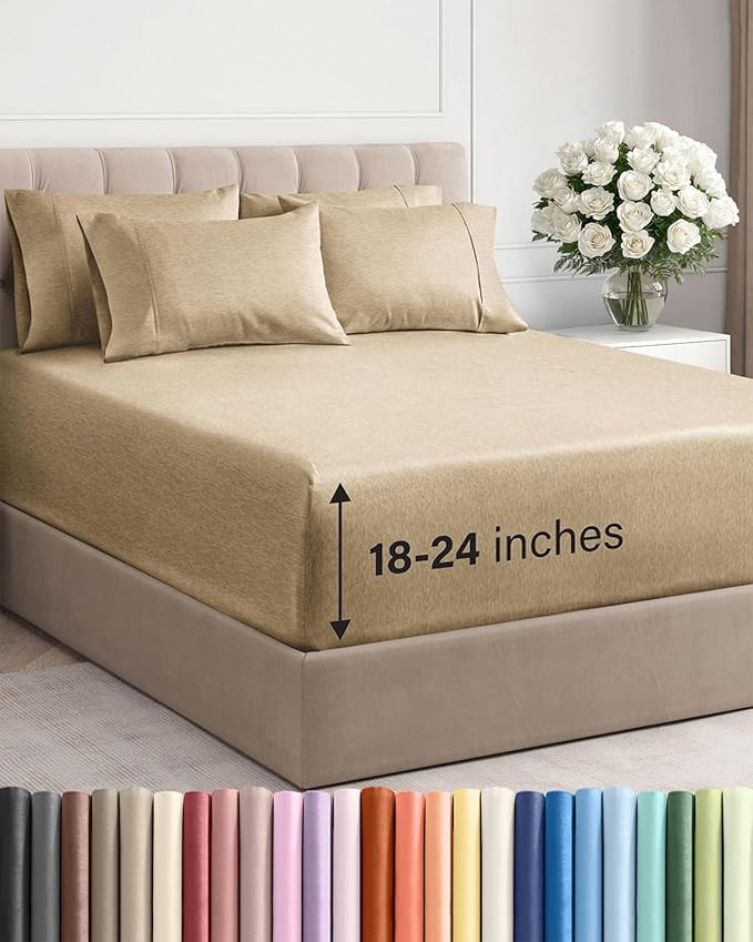 Extra Deep Full Sheet Set - 6 Piece Breathable and Cooling Sheets - Hotel Luxury Bed Sheets Set - Easy Fit - Soft, Wrinkle Free and Comfy Sheets Set - Heathered Tan Sheet Set with Extra Deep Pockets