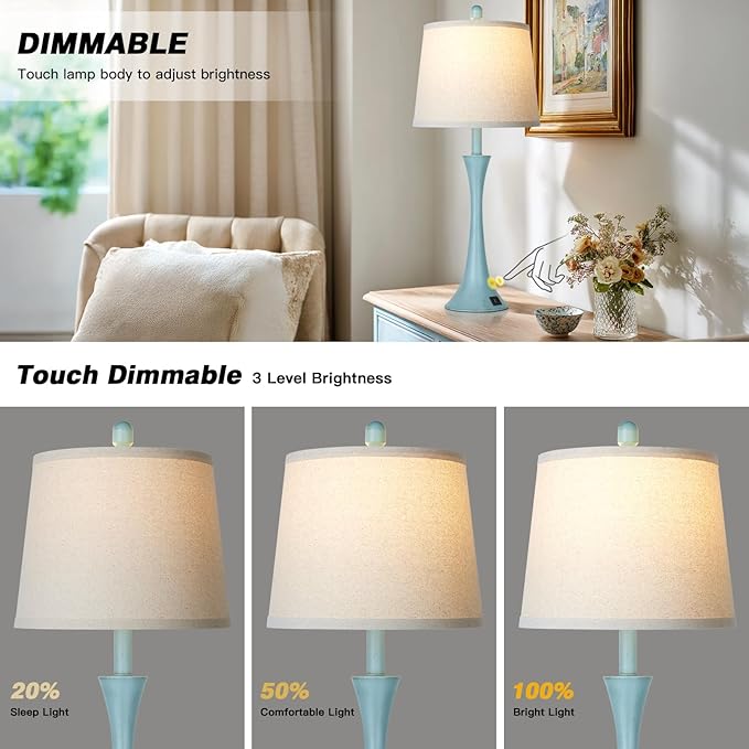 Riweey Blue Metal Table Lamp Set of 2 with USB C+A Ports, Bedside Lamp, Modern Bedroom Lamps, Coastal Lamp for Night Stands Bedroom Living Room,Nightstand Lamp LED Bulbs Included
