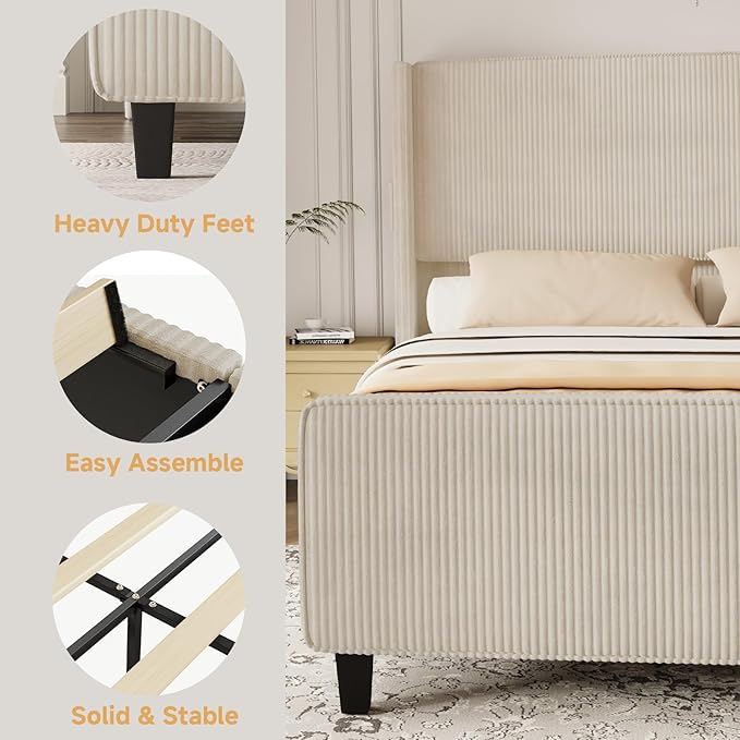 Queen Size Bed Frame with Headboard, Upholstered Platform Bed with Tall Wingback Headboard & Footboard, Corduroy Bed Frames with USB Ports, Easy Assembly, Beige