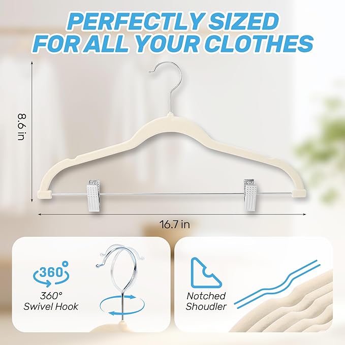 Velvet Pants Hangers 20 Pack with Adjustable Clips, Space-Saving Slim Felt Clothes Hangers, Heavy Duty & Non-Slip Flocked Hangers for Pants, Skirts, Dresses and Jeans(Beige)