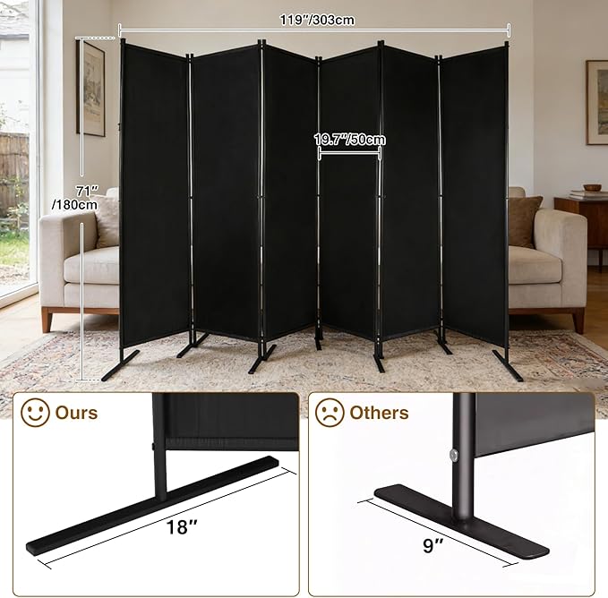Large 6 Panel Freestanding Folding Room Divider with Support Base, 10FT Wide 6FT Tall Privacy Screen Partition Room Dividers with Freely Combined Connector, 119"x71", Black