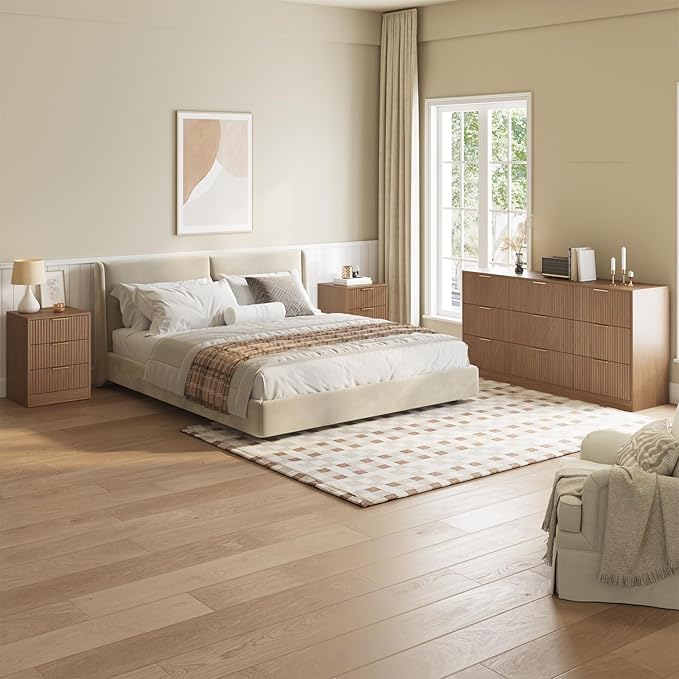 Fluted Dresser & 3 Drawer Nightstand Set 3-Piece, 63” Long 9 Drawer Dresser and Night Stand Set of 2, Fluted Modern Wood Chest of Drawers Storage Dressers Set for Bedroom, Natural Wood